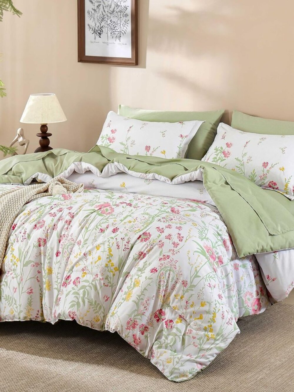 7 Piece Pink Green Floral Comforter Set King Size, Cute Botanical Comforters